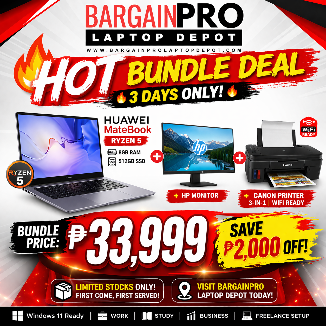 🔥 HOT BUNDLE DEAL 🔥 Huwaie Laptop + Monitor + 3n1 Printer All in One!